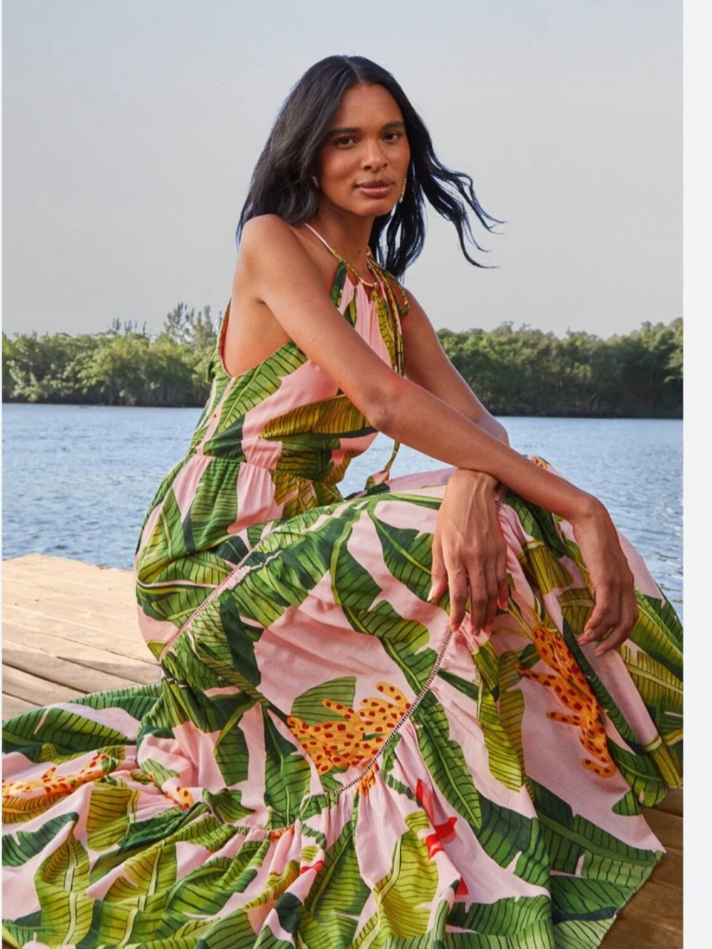 FARM Rio Pink Maxi Dress with Green Banana Leaf Print
